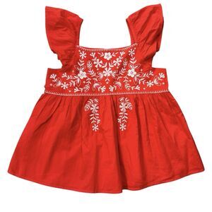 Gap Girls XL Top Red Cotton Flutter Sleeve Embroidered Blouse NWOT
